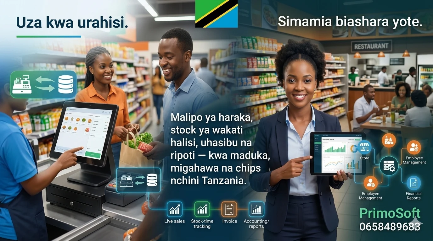 Malipo ya haraka, stock ya wakati halisi, uhasibu na ripoti — kwa maduka, migahawa na chips nchini Tanzania.